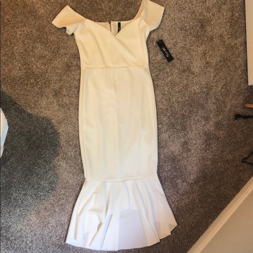 White off the shoulder ruffle midi dress
